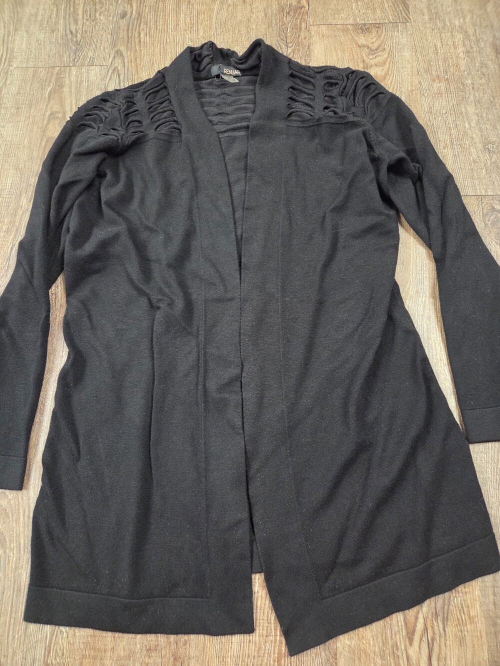 Renuar Thin Black Duster Cardigan Sweater Braided Trim Shoulders Medium